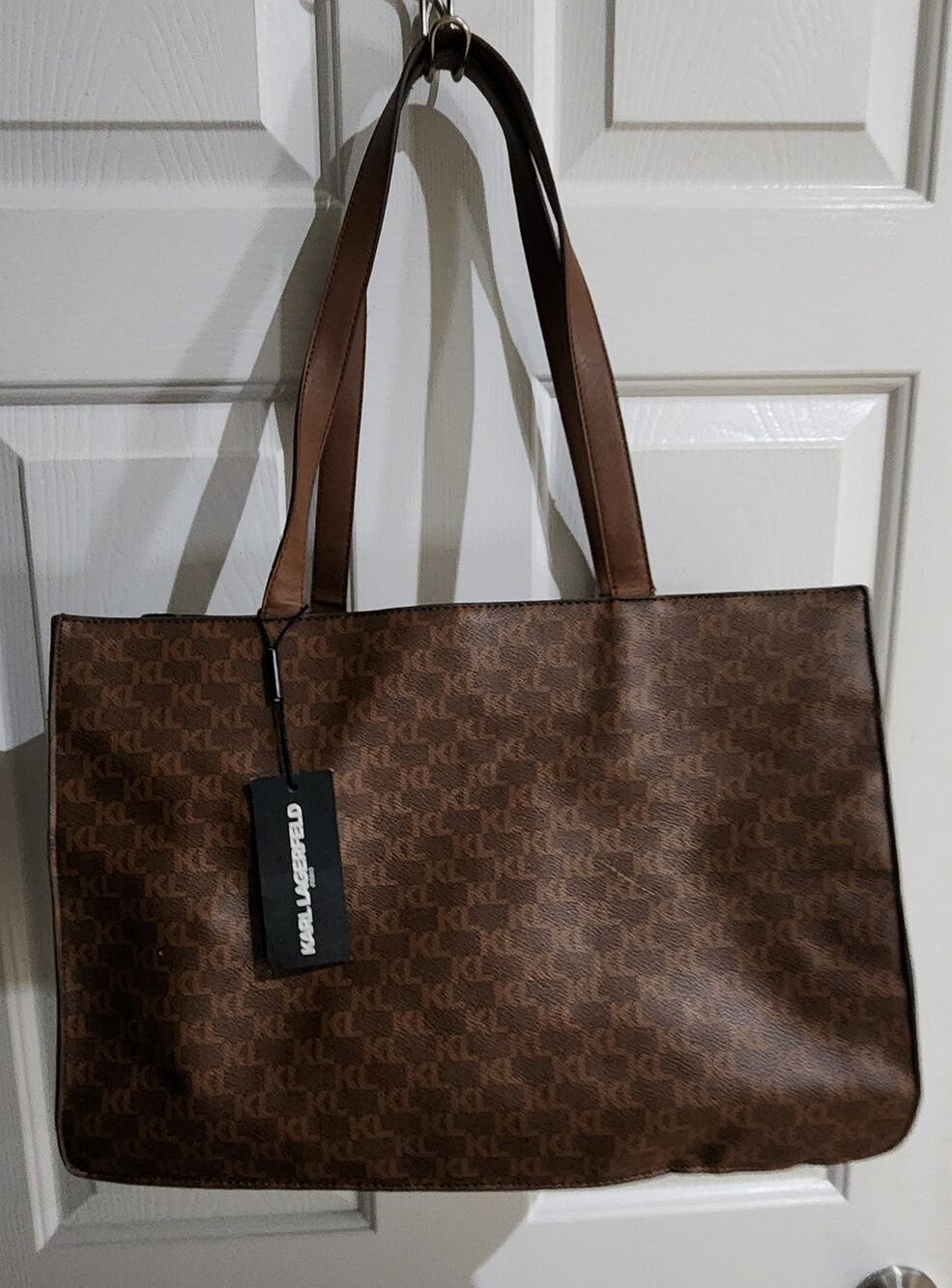 Karl Lagerfeld Paris Brown KL Monogram Large Tote Bag Gold Logo Pre-Owned